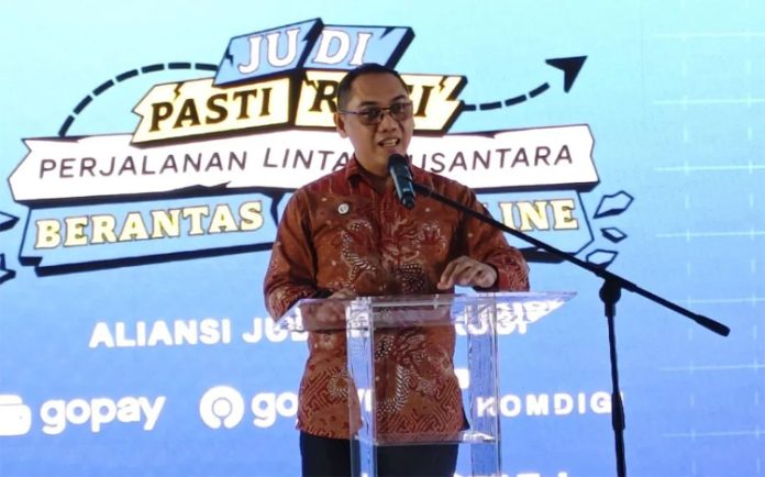 Ilustrasi infografis kerugian judi online dan logo Kementerian Komunikasi dan Digital (Kemkomdigi) dalam upaya pemberantasan judi daring.