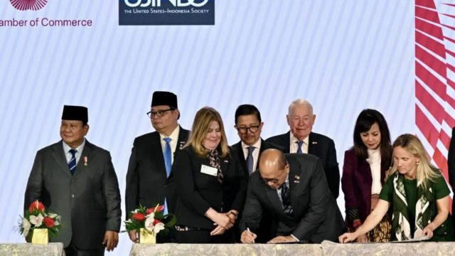 Presiden Prabowo Subianto saat berbicara di Forum Bisnis US Chamber of Commerce di Washington D.C mengenai peluang investasi di Indonesia.