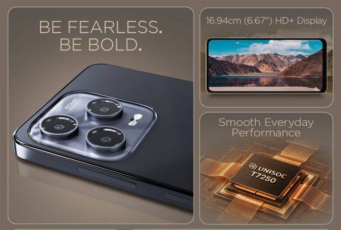 Tampilan smartphone Lava Bold N2 Pro varian warna Eclipse Grey dan Aurora Gold dengan layar 120Hz dan desain modul kamera belakang.