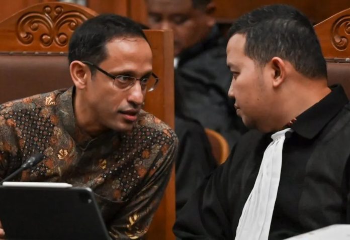 Terdakwa Nadiem Anwar Makarim saat menghadiri sidang lanjutan kasus dugaan korupsi pengadaan laptop Chromebook di Pengadilan Tipikor Jakarta Pusat. (ANTARA)