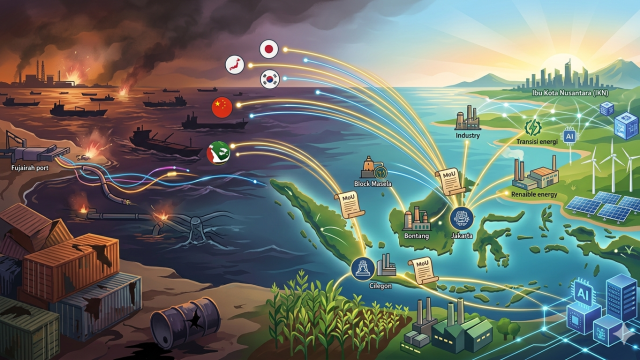  Ilustrasi peta Selat Hormuz yang terblokade dan grafik investasi asing masuk ke Indonesia sebagai jangkar stabilitas ekonomi nasional.