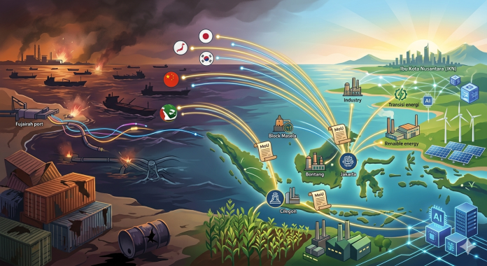  Ilustrasi peta Selat Hormuz yang terblokade dan grafik investasi asing masuk ke Indonesia sebagai jangkar stabilitas ekonomi nasional.