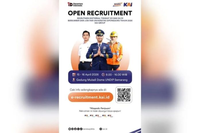 Poster rekrutmen PT Kereta Api Indonesia (Persero) pada acara Job Fair Universitas Diponegoro di Gedung Muladi Dome, Semarang.