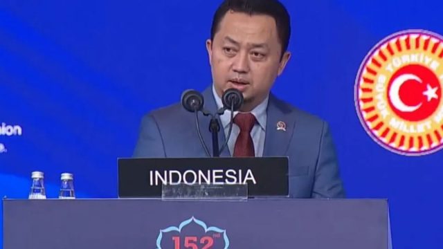 Ketua BKSAP DPR RI Syahrul Aidi saat menyampaikan pidato tegas mengecam agresi militer Israel pada Sidang Umum IPU ke-152 di Istanbul, Turki.