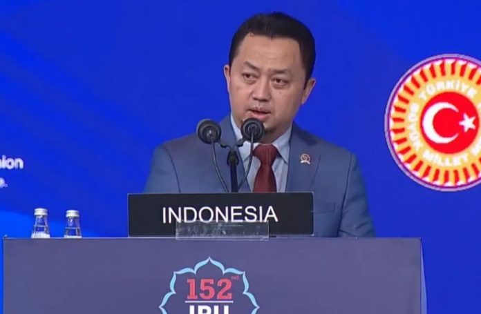 Ketua BKSAP DPR RI Syahrul Aidi saat menyampaikan pidato tegas mengecam agresi militer Israel pada Sidang Umum IPU ke-152 di Istanbul, Turki.