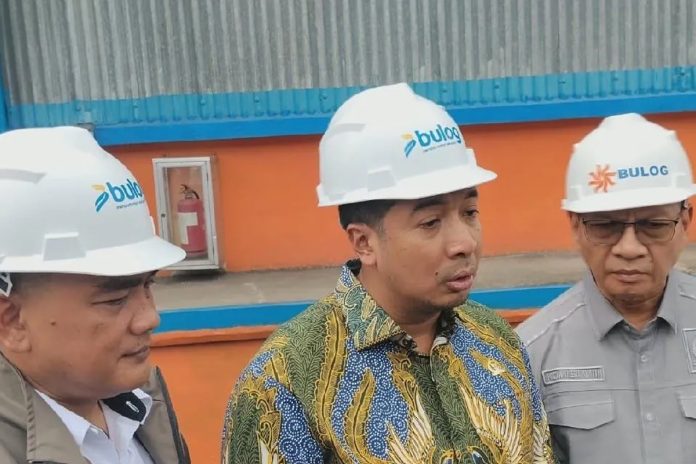 Anggota DPR RI Ade Jona Prasetyo saat meninjau tumpukan karung beras di gudang Bulog Sumatera Utara untuk memastikan ketersediaan pangan lokal.
